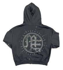Mixed Emotions Eclipse Rhinestone Hoodie Acid Wash Grey