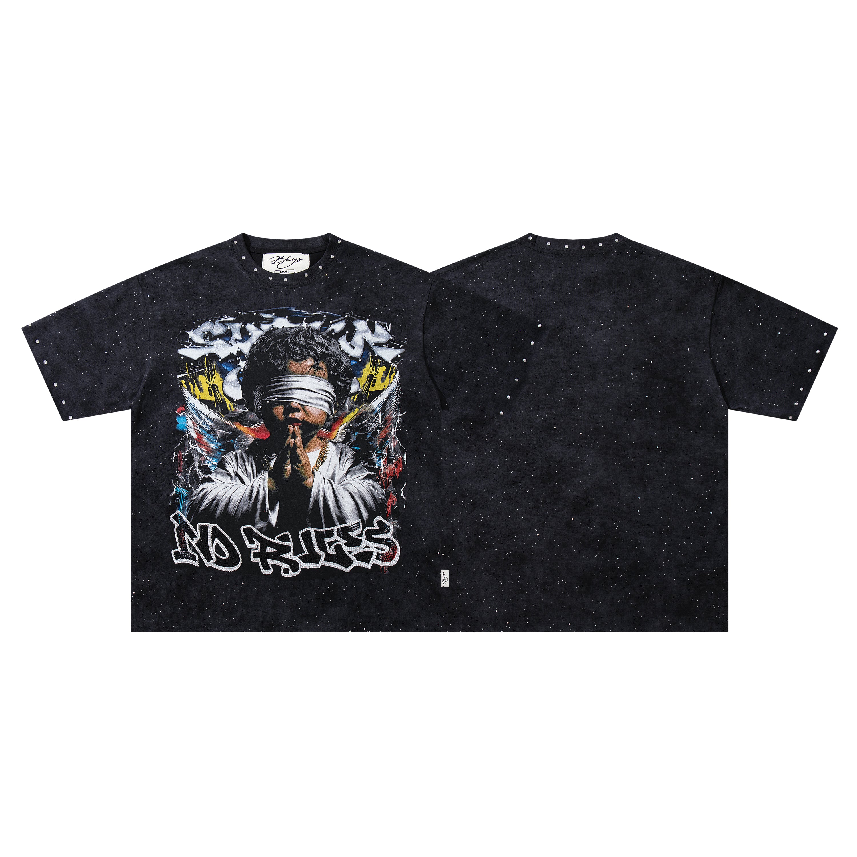 BKYS Praying Angel Rhinestone Black Oversized Graphic T-Shirt