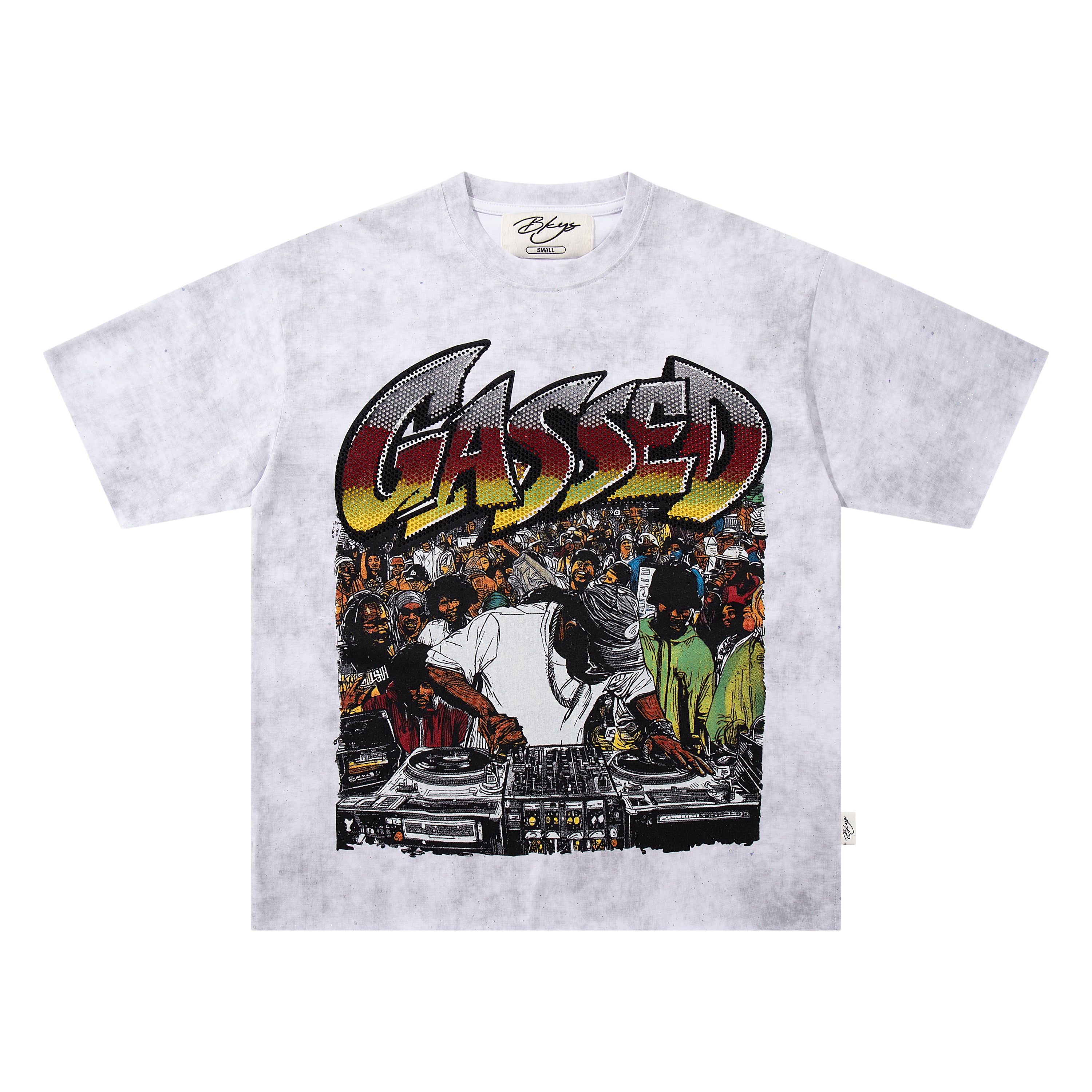 BKYS Cased DJ Star Rhinestone White Washed Oversized Graphic T-Shirt