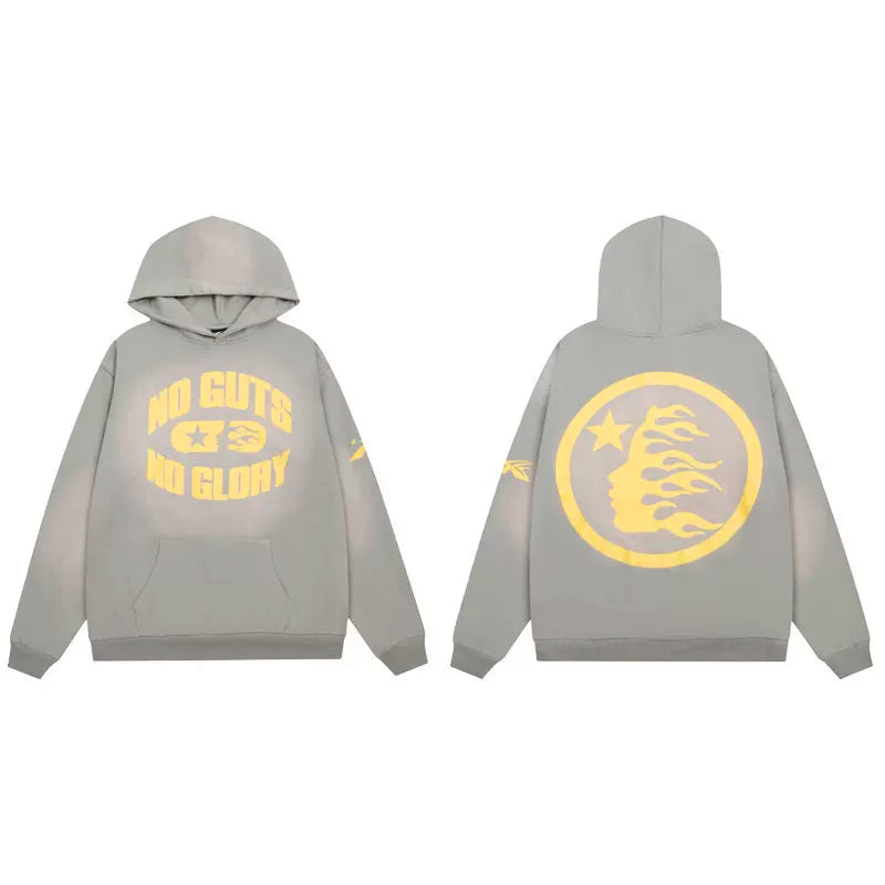 Hellstar Grey Pullover Hoodie No Guts No Glory Slogan Circular Icon Back Print Streetwear Hooded Top